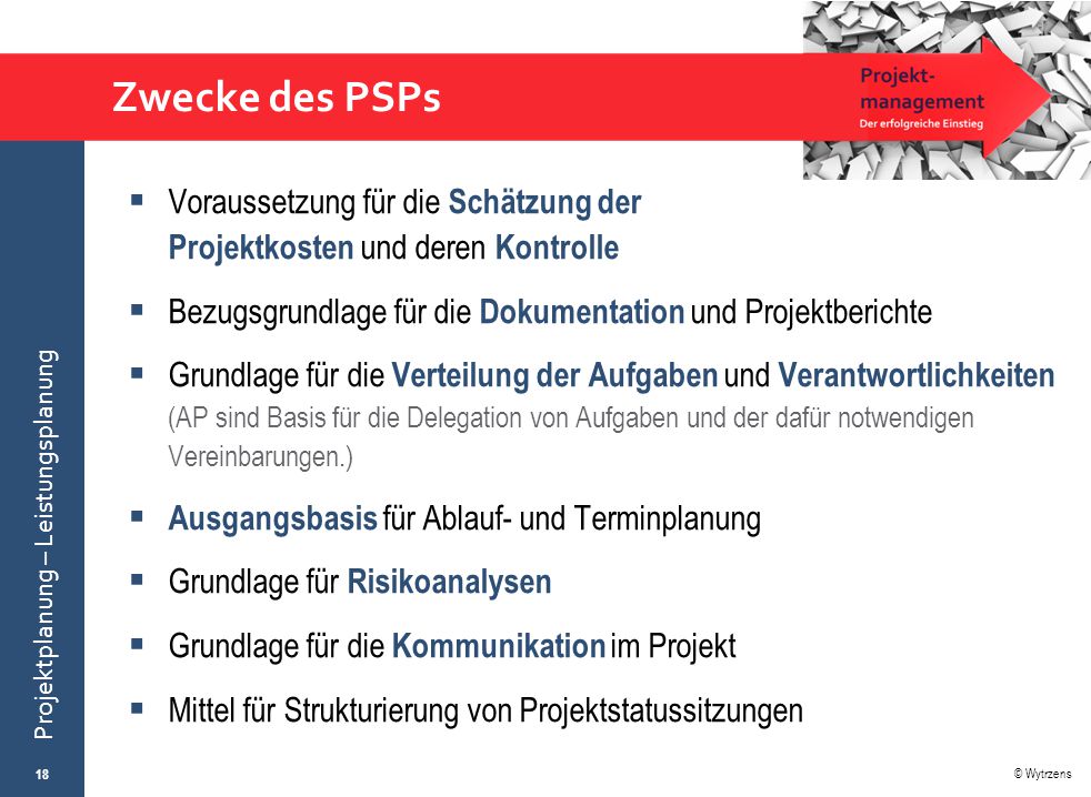 Zwecke des PSPs Voraussetzung für die Schätzung der Projektkosten und deren Kontrolle. Bezugsgrundlage für die Dokumentation und Projektberichte.