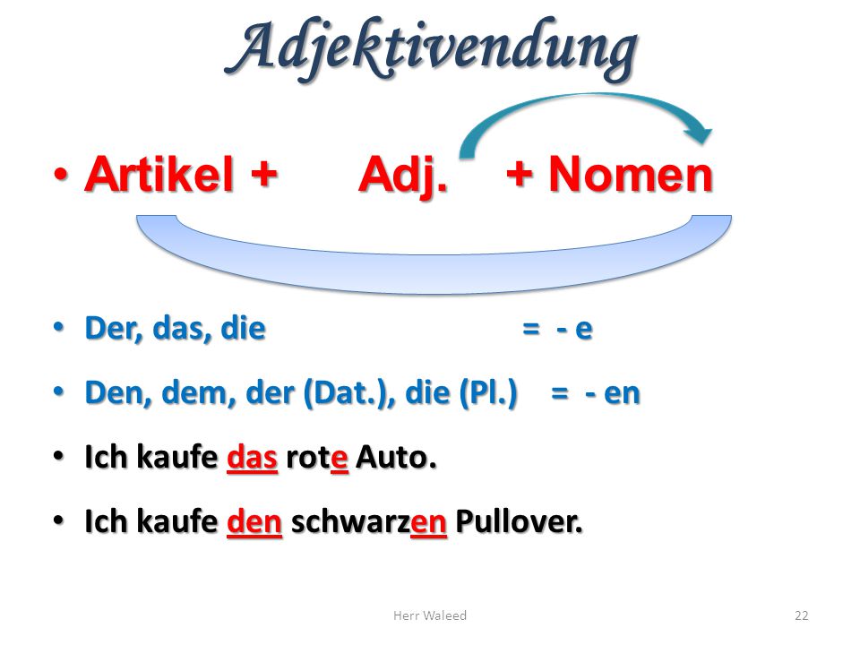 Adjektivendung Artikel + Adj. + Nomen Der, das, die = - e