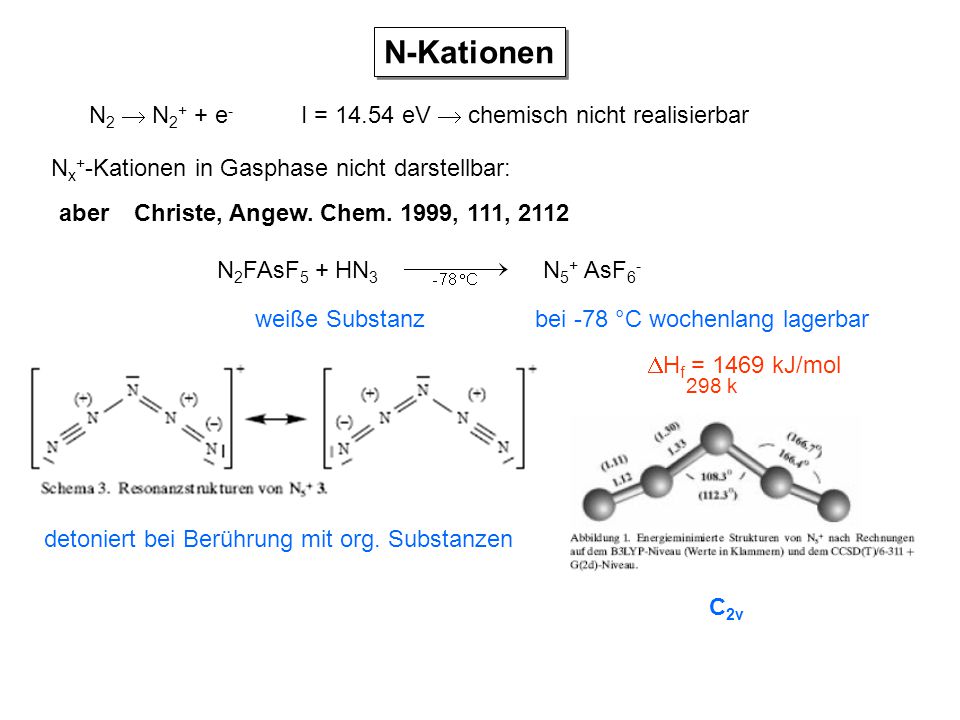N-Kationen N2  N2+ + e- I = eV  chemisch nicht realisierbar