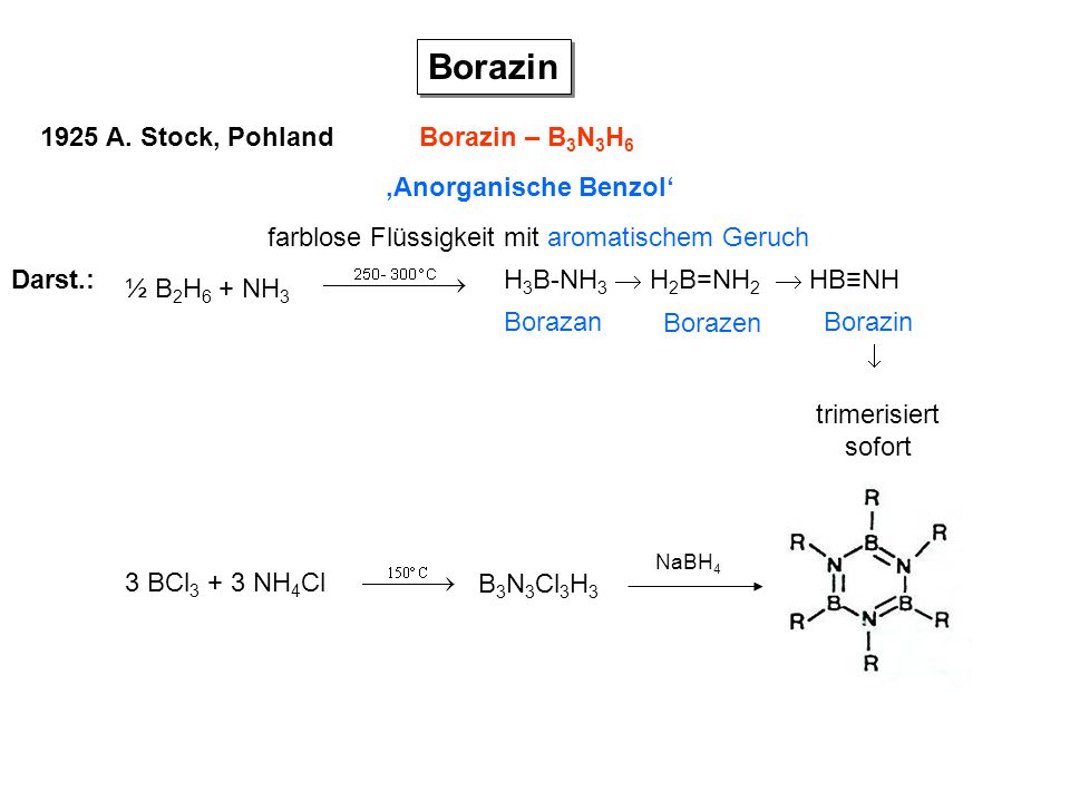Borazin 1925 A. Stock, Pohland Borazin – B3N3H6 ‚Anorganische Benzol‘