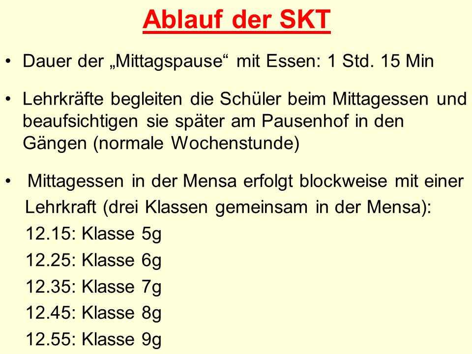 Ablauf der SKT Dauer der „Mittagspause mit Essen: 1 Std. 15 Min