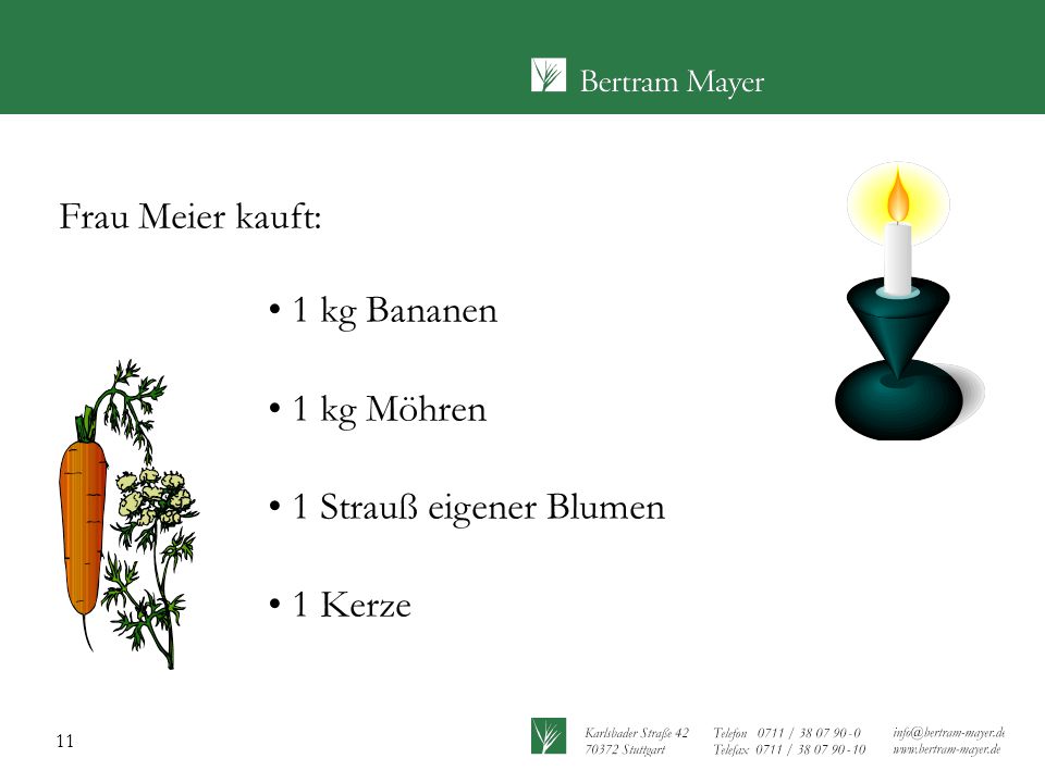 Frau Meier kauft: 1 kg Bananen 1 kg Möhren 1 Strauß eigener Blumen 1 Kerze