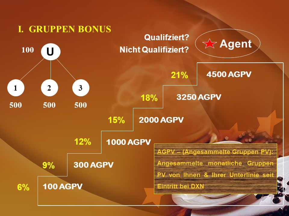 Agent U I. GRUPPEN BONUS 21% 18% 15% 12% 9% 6% Qualifziert 100