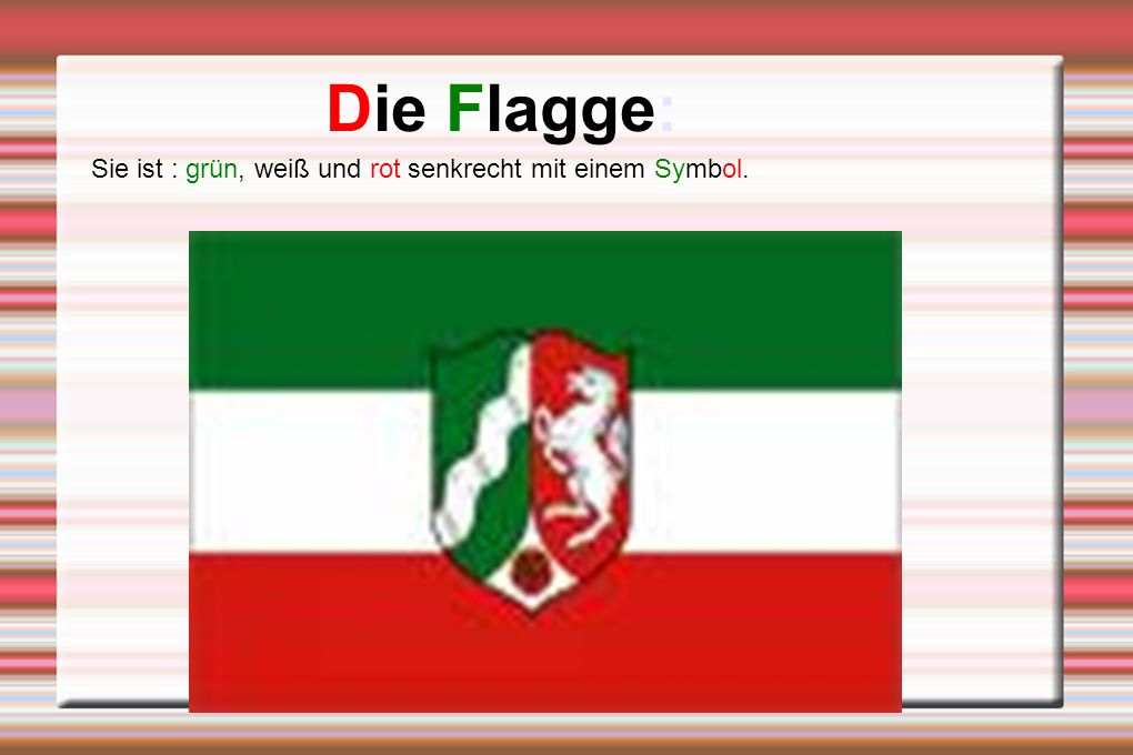 Die Flagge: Sie ist : grün, weiß und rot senkrecht mit einem Symbol.