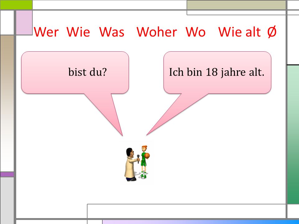 Wer Wie Was Woher Wo Wie alt Ø bist du Ich bin 18 jahre alt.