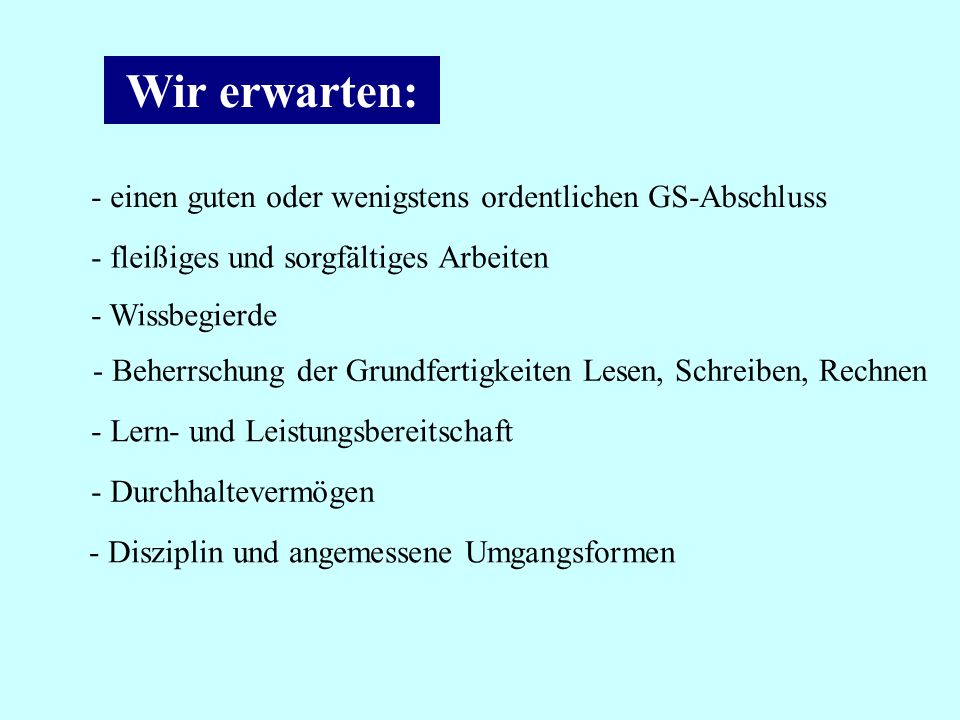 Wir erwarten: - einen guten oder wenigstens ordentlichen GS-Abschluss