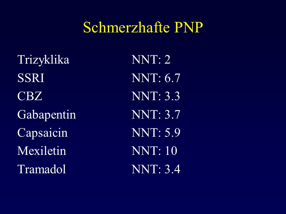 Schmerzhafte PNP Trizyklika NNT: 2 SSRI NNT: 6.7 CBZ NNT: 3.3