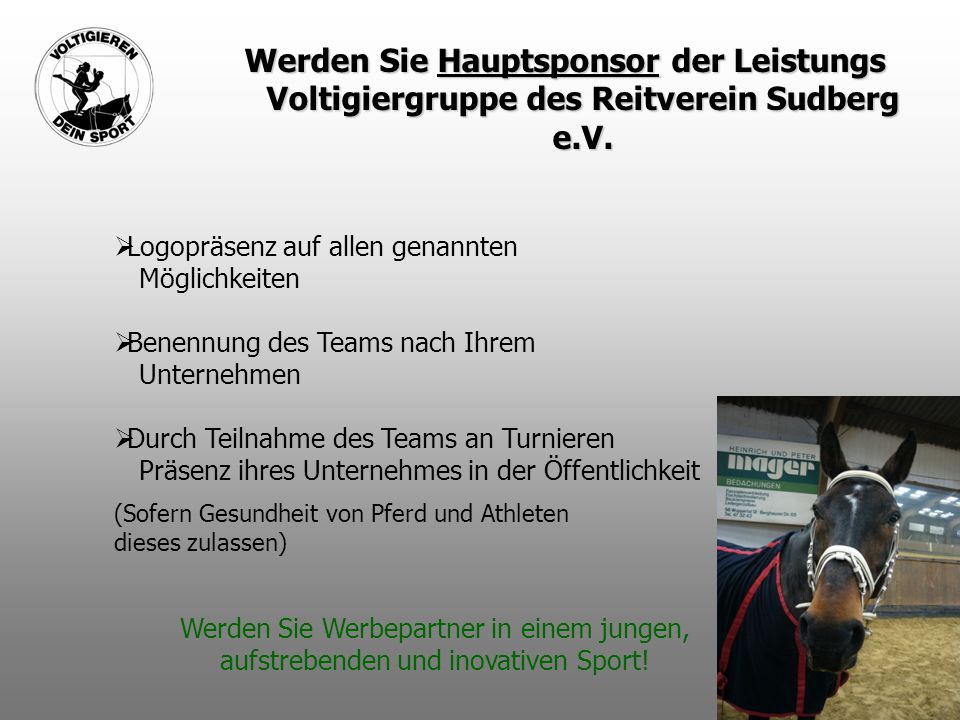 Werden Sie Hauptsponsor der Leistungs Voltigiergruppe des Reitverein Sudberg e.V.