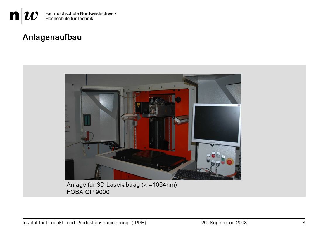 Anlagenaufbau Anlage für 3D Laserabtrag (l =1064nm) FOBA GP 9000