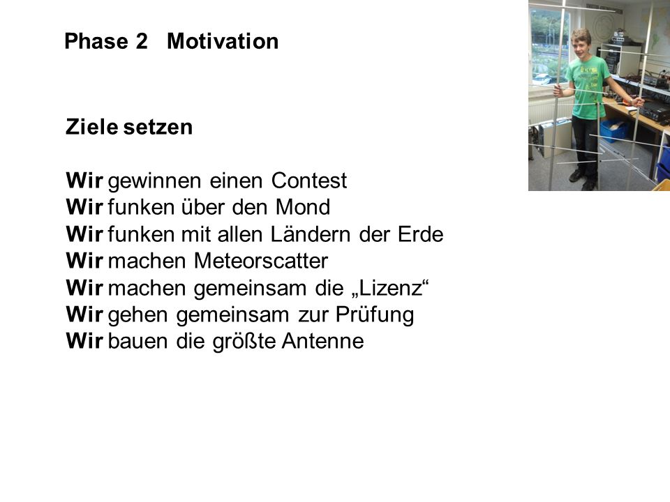 Phase 2 Motivation Ziele setzen. Wir gewinnen einen Contest. Wir funken über den Mond. Wir funken mit allen Ländern der Erde.