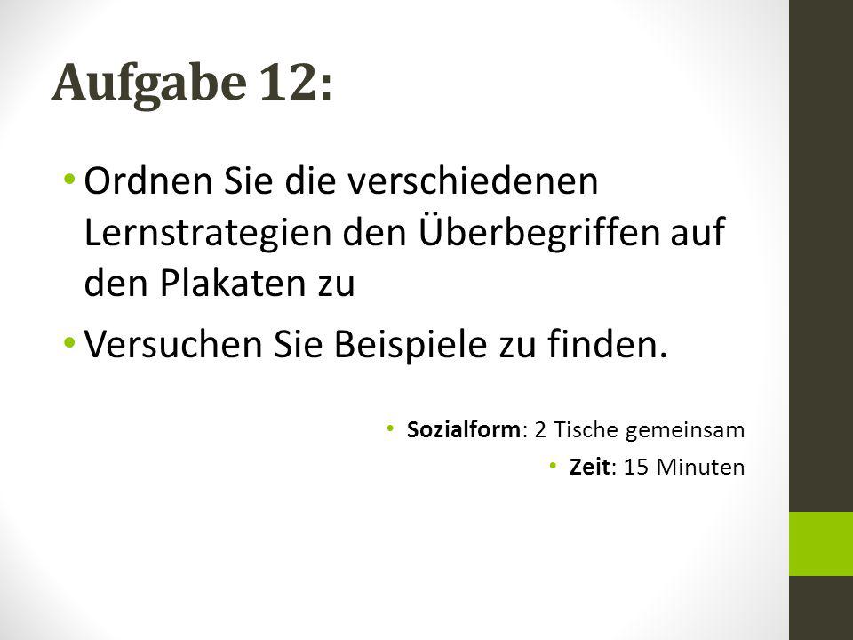 Aufgabe 12: Ordnen Sie die verschiedenen Lernstrategien den Überbegriffen auf den Plakaten zu. Versuchen Sie Beispiele zu finden.