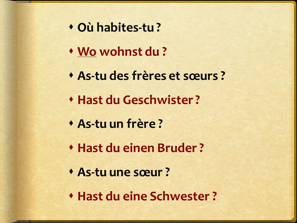 Où habites-tu Wo wohnst du As-tu des frères et sœurs Hast du Geschwister As-tu un frère