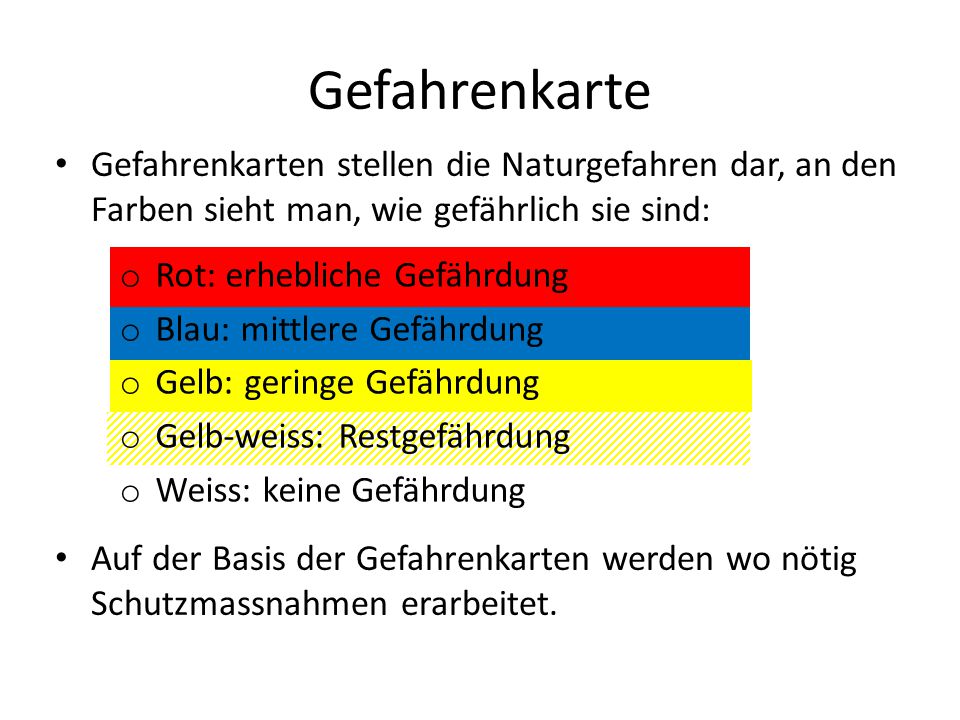 Gefahrenkarte Gefahrenkarten stellen die Naturgefahren dar, an den Farben sieht man, wie gefährlich sie sind: