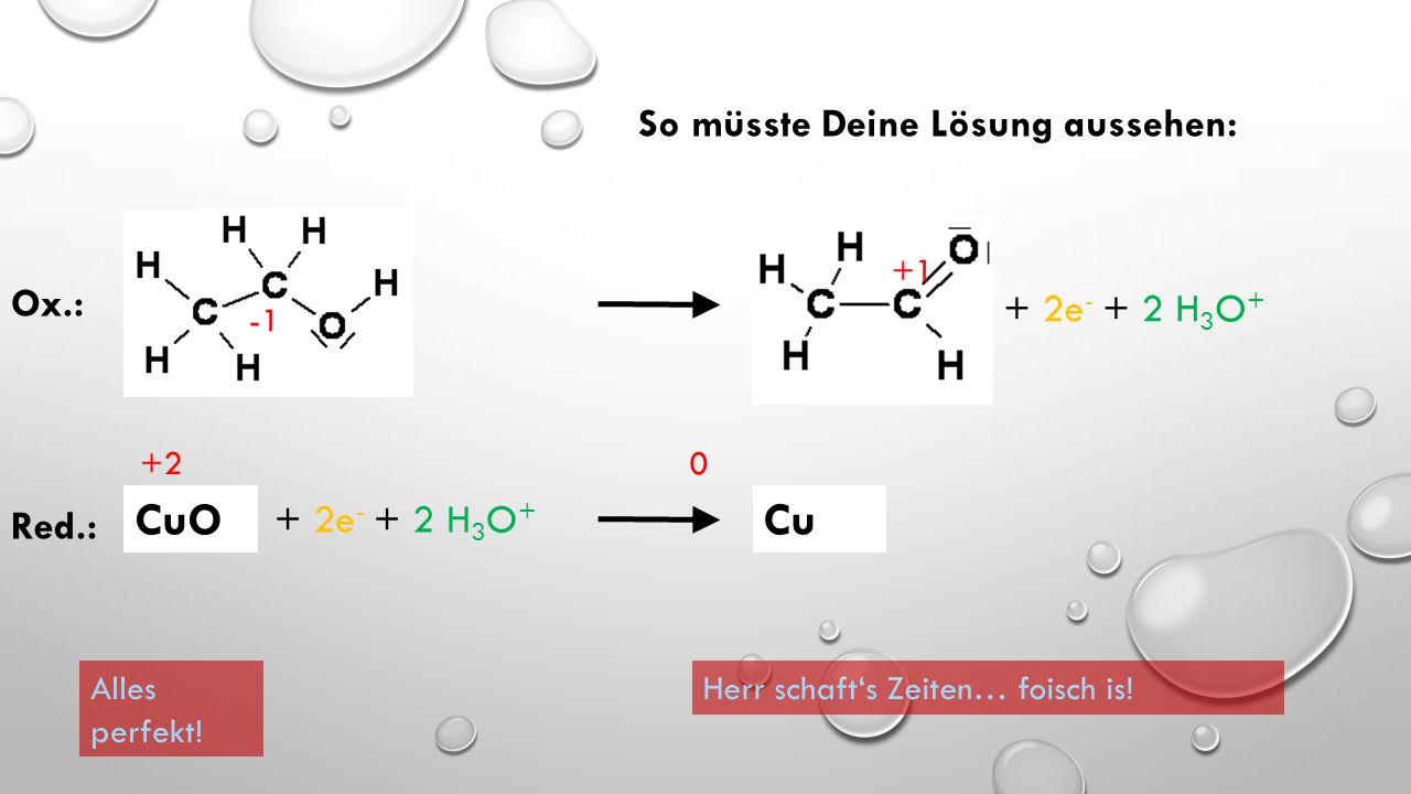 CuO Cu So müsste Deine Lösung aussehen: Ox.: + 2e- + 2 H3O+ Red.: +1