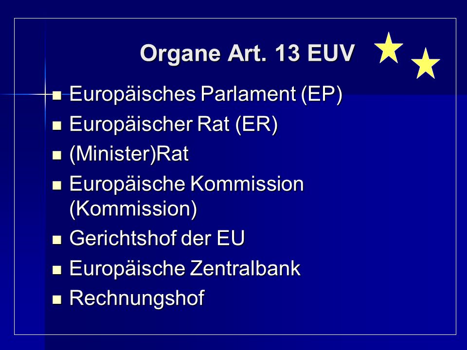 Organe Art. 13 EUV Europäisches Parlament (EP) Europäischer Rat (ER)