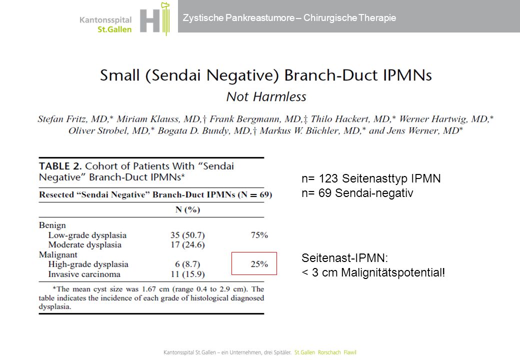 n= 123 Seitenasttyp IPMN n= 69 Sendai-negativ Seitenast-IPMN: < 3 cm Malignitätspotential!