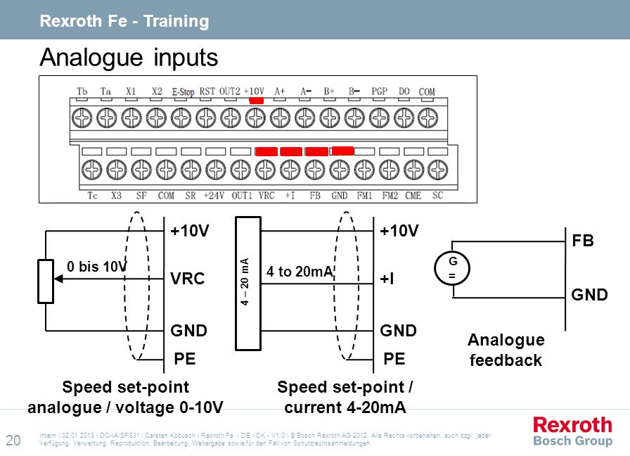 Analogue inputs Rexroth Fe - Training +10V VRC GND PE +10V +I GND PE