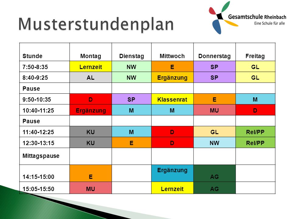 Musterstundenplan Stunde Montag Dienstag Mittwoch Donnerstag Freitag
