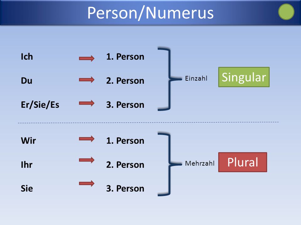 Person/Numerus Singular Plural Ich Du Er/Sie/Es Wir Ihr Sie 1. Person
