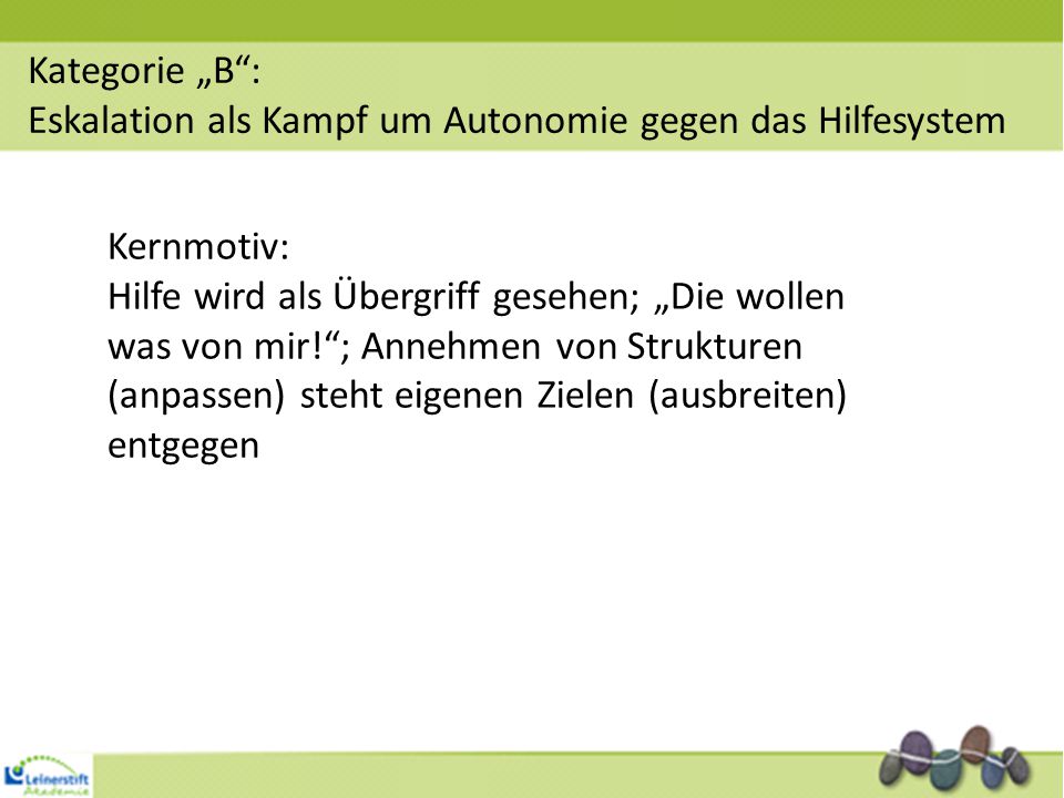 Kategorie „B : Eskalation als Kampf um Autonomie gegen das Hilfesystem. Kernmotiv: