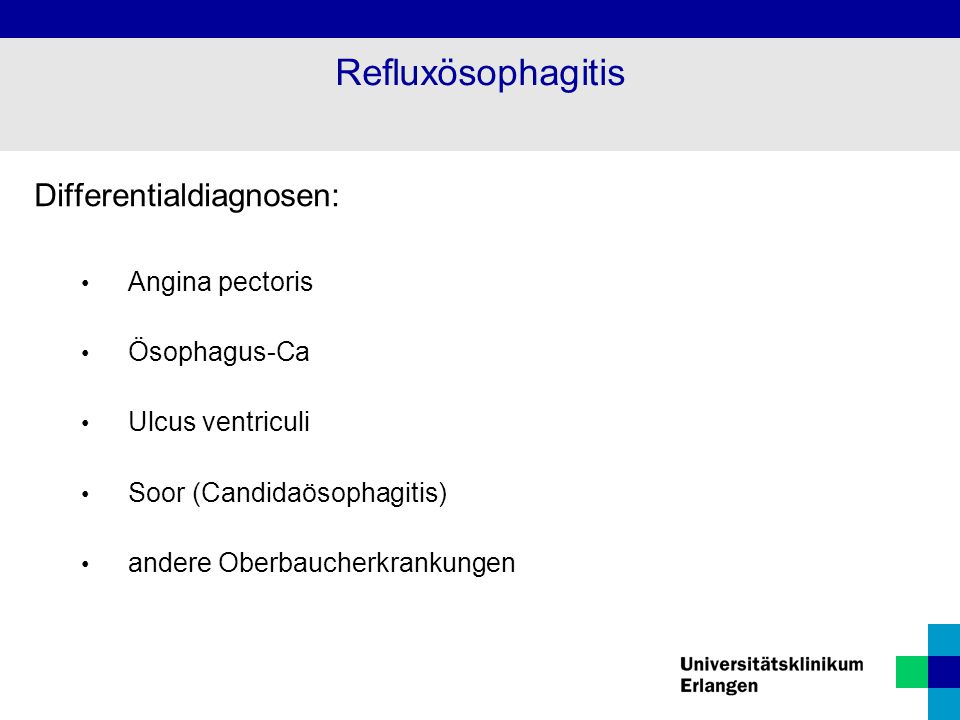 Refluxösophagitis Differentialdiagnosen: Angina pectoris Ösophagus-Ca