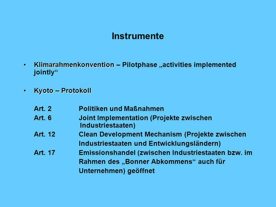 Instrumente Klimarahmenkonvention – Pilotphase „activities implemented jointly Kyoto – Protokoll.