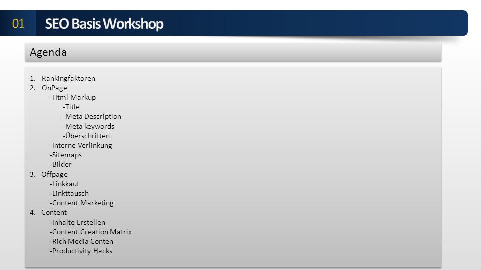SEO Basis Workshop 01 Agenda Rankingfaktoren OnPage -Html Markup