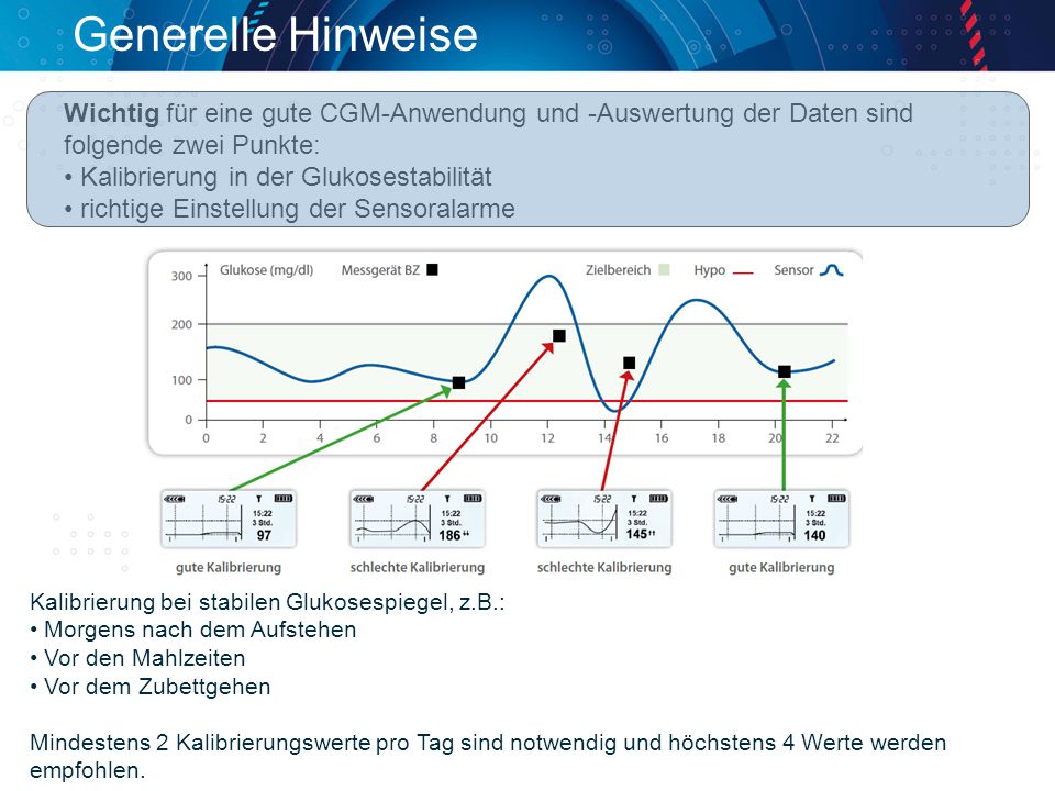 Generelle Hinweise Wichtig für eine gute CGM-Anwendung und -Auswertung der Daten sind folgende zwei Punkte: