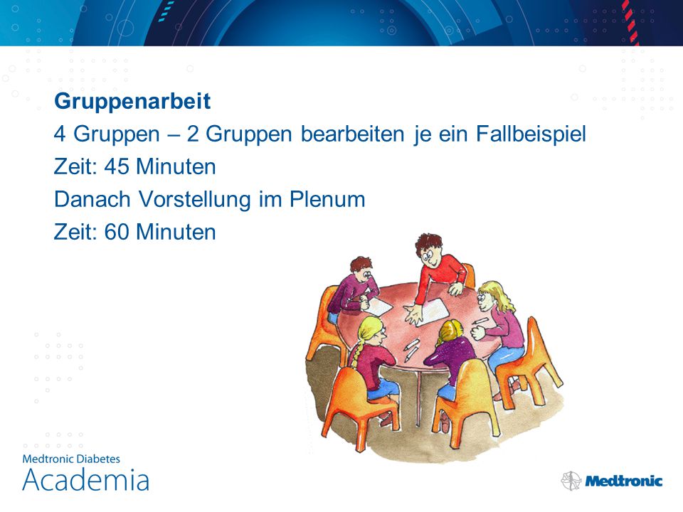 Gruppenarbeit 4 Gruppen – 2 Gruppen bearbeiten je ein Fallbeispiel. Zeit: 45 Minuten. Danach Vorstellung im Plenum.