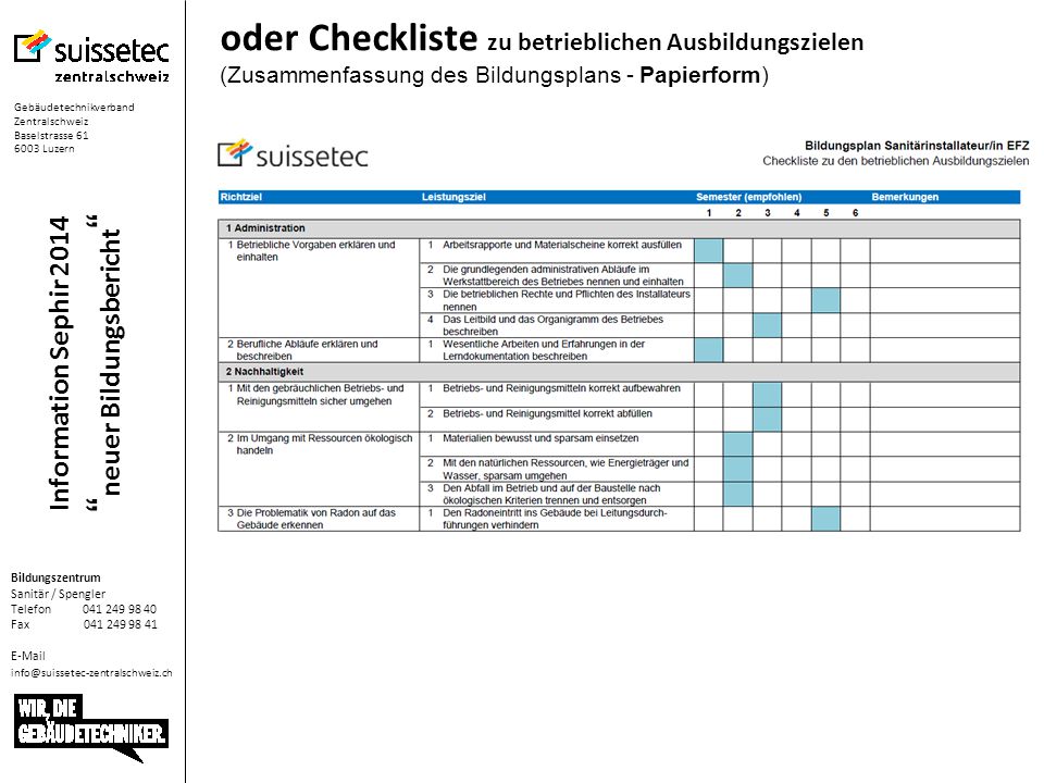 oder Checkliste zu betrieblichen Ausbildungszielen (Zusammenfassung des Bildungsplans - Papierform)