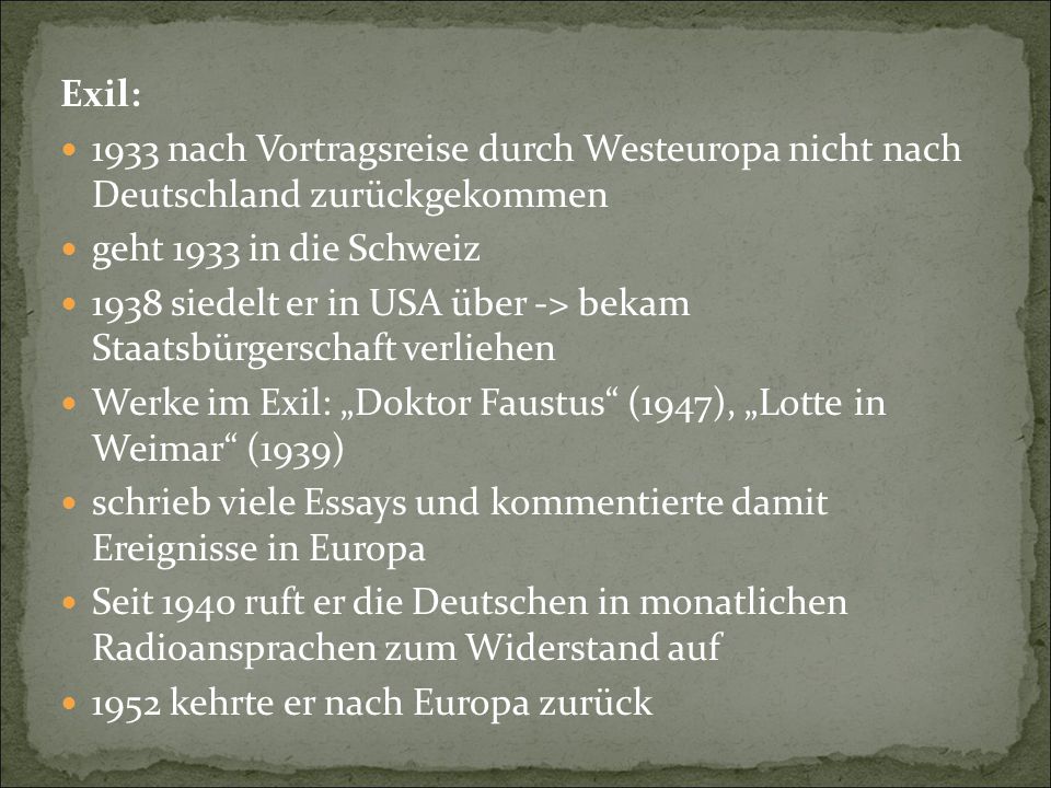 Exil: 1933 nach Vortragsreise durch Westeuropa nicht nach Deutschland zurückgekommen. geht 1933 in die Schweiz.