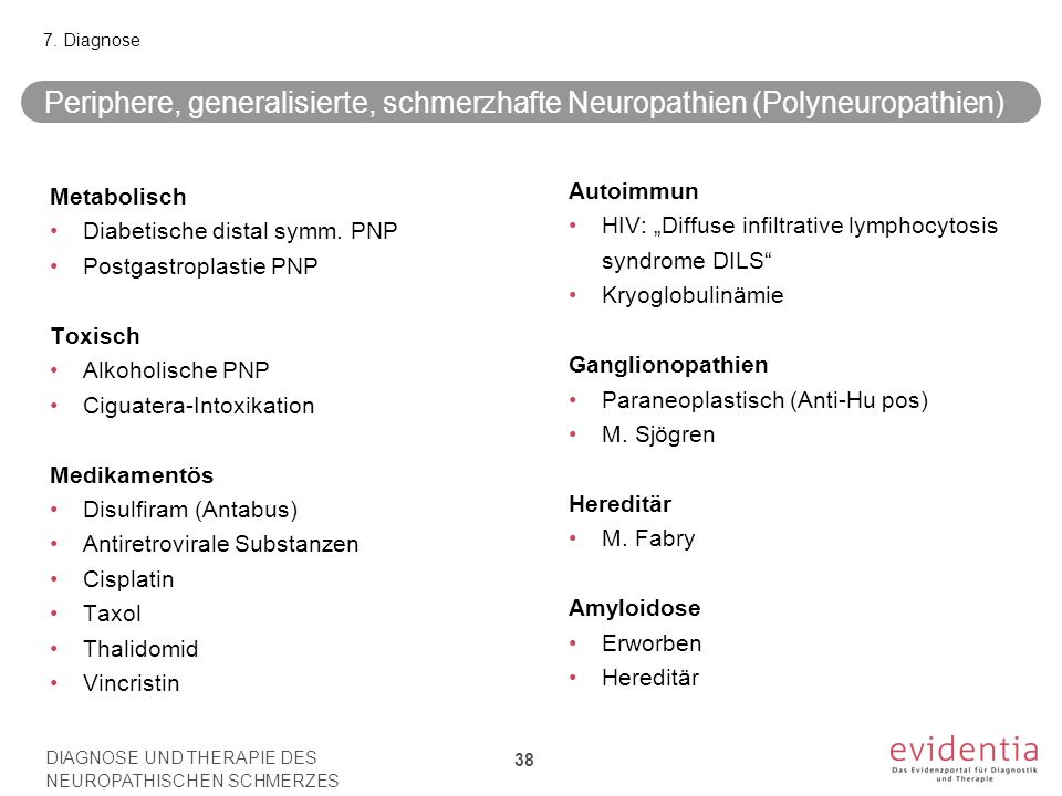 7. Diagnose Periphere, generalisierte, schmerzhafte Neuropathien (Polyneuropathien) Metabolisch. Diabetische distal symm. PNP.