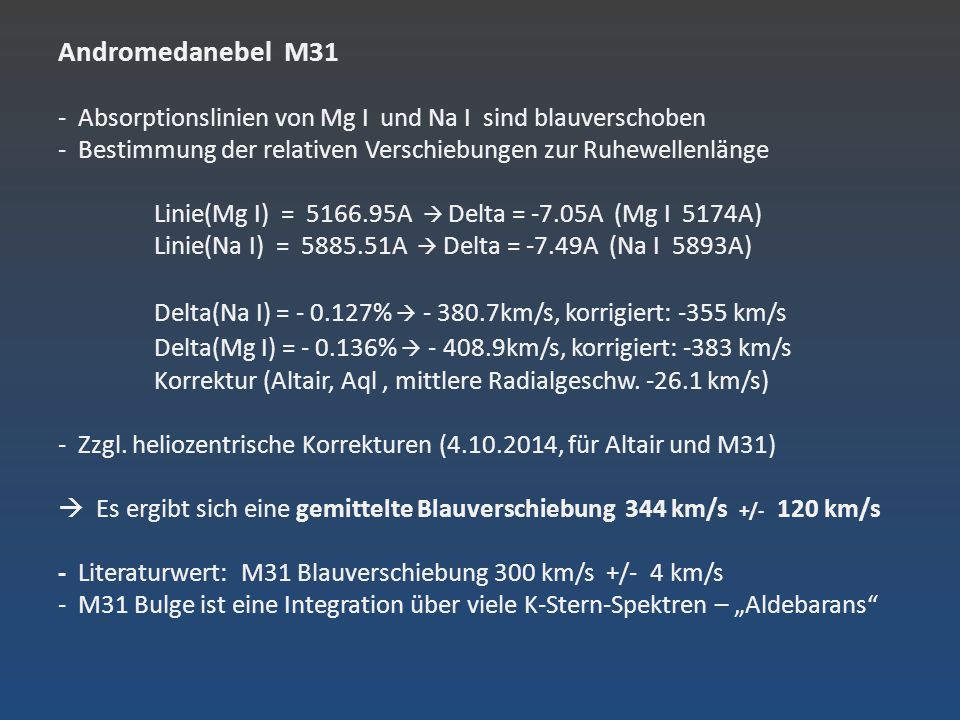 Andromedanebel M31 - Absorptionslinien von Mg I und Na I sind blauverschoben - Bestimmung der relativen Verschiebungen zur Ruhewellenlänge Linie(Mg I) = A  Delta = -7.05A (Mg I 5174A) Linie(Na I) = A  Delta = -7.49A (Na I 5893A) Delta(Na I) = %  km/s, korrigiert: -355 km/s Delta(Mg I) = %  km/s, korrigiert: -383 km/s Korrektur (Altair, Aql , mittlere Radialgeschw.