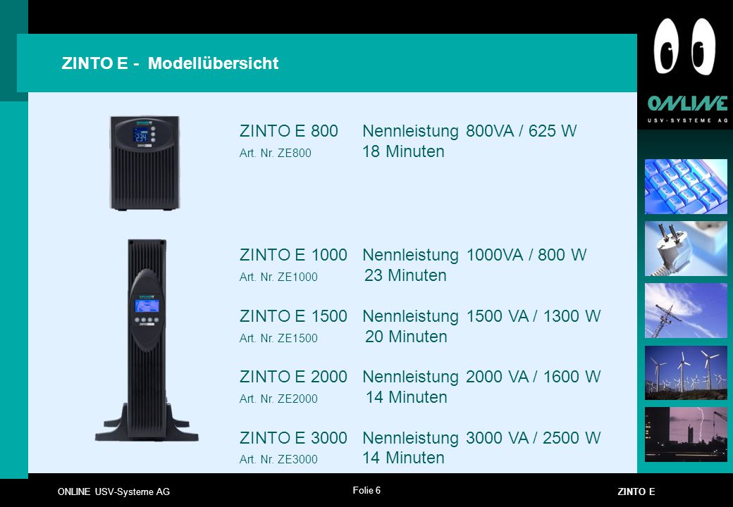 ZINTO E - Modellübersicht ZINTO E 800 Nennleistung 800VA / 625 W