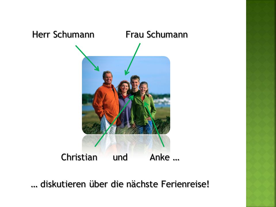 Herr Schumann Frau Schumann Christian und Anke … … diskutieren über die nächste Ferienreise!