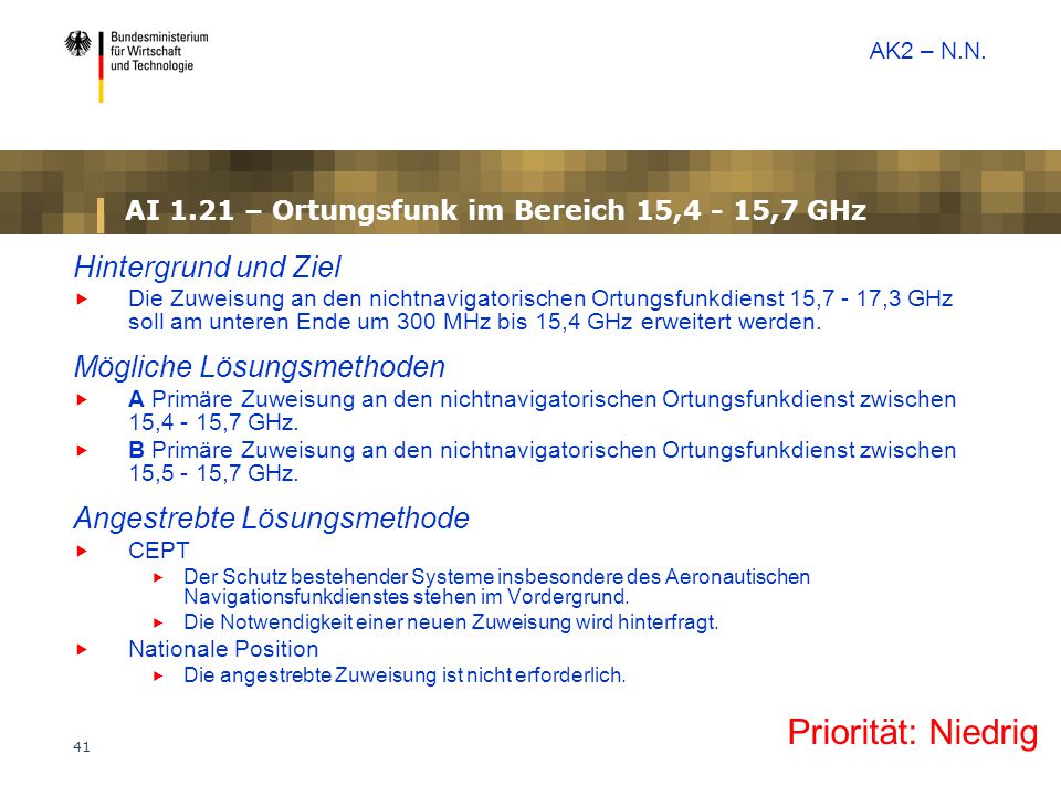 AI 1.21 – Ortungsfunk im Bereich 15,4 - 15,7 GHz