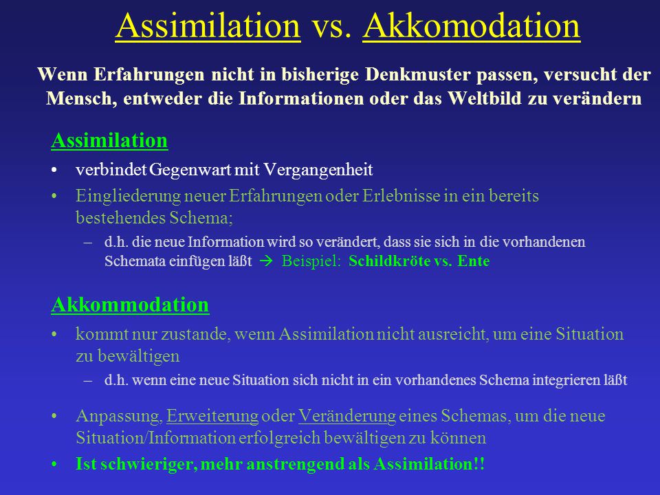 Assimilation vs. Akkomodation Wenn Erfahrungen nicht in bisherige Denkmuster passen, versucht der Mensch, entweder die Informationen oder das Weltbild zu verändern