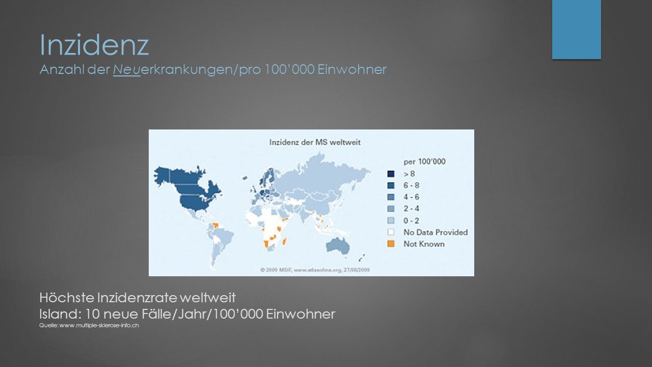 Inzidenz Anzahl der Neuerkrankungen/pro 100’000 Einwohner Höchste Inzidenzrate weltweit Island: 10 neue Fälle/Jahr/100’000 Einwohner Quelle: