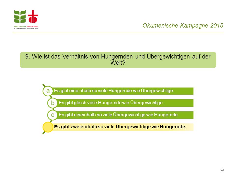9. Wie ist das Verhältnis von Hungernden und Übergewichtigen auf der Welt