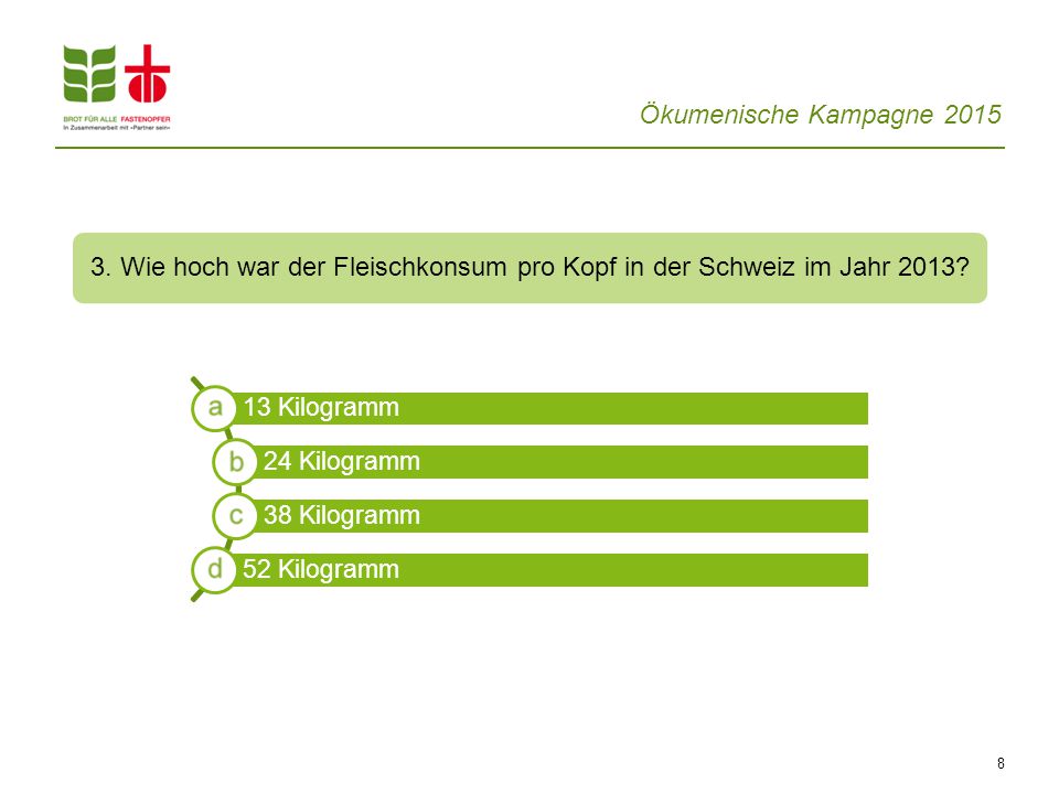 3. Wie hoch war der Fleischkonsum pro Kopf in der Schweiz im Jahr 2013