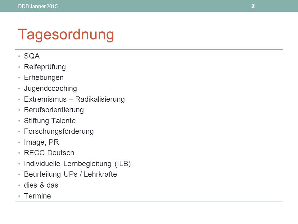 Tagesordnung SQA Reifeprüfung Erhebungen Jugendcoaching