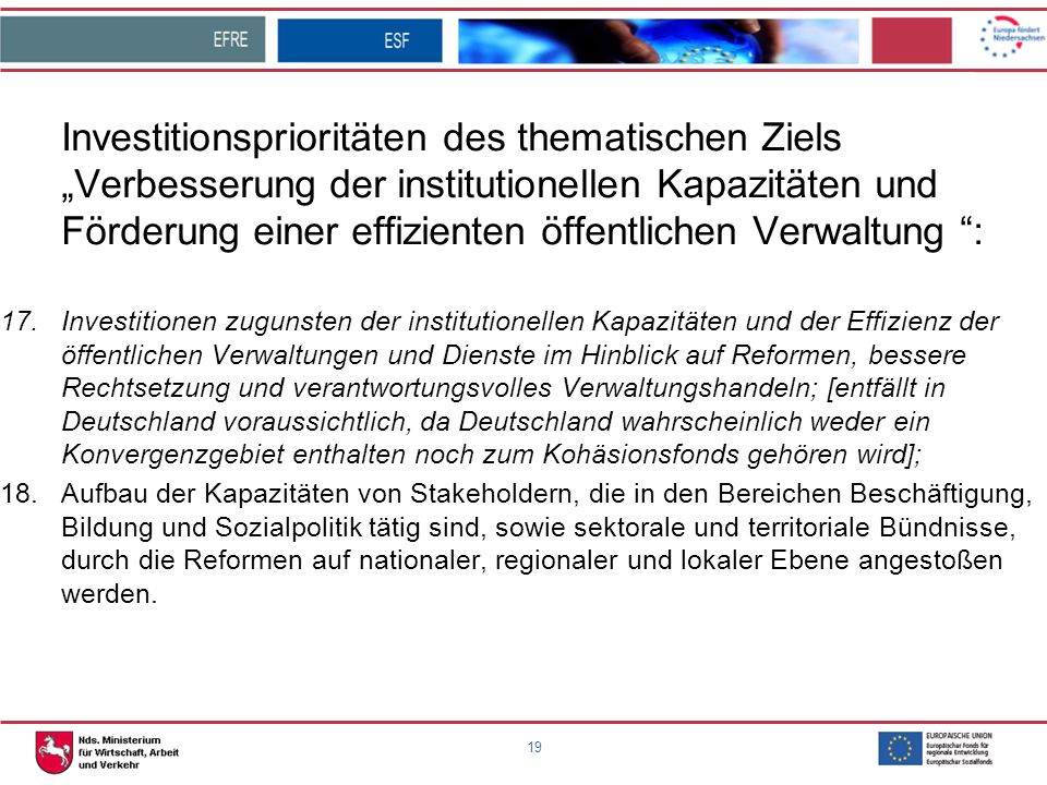 Investitionsprioritäten des thematischen Ziels „Verbesserung der institutionellen Kapazitäten und Förderung einer effizienten öffentlichen Verwaltung :