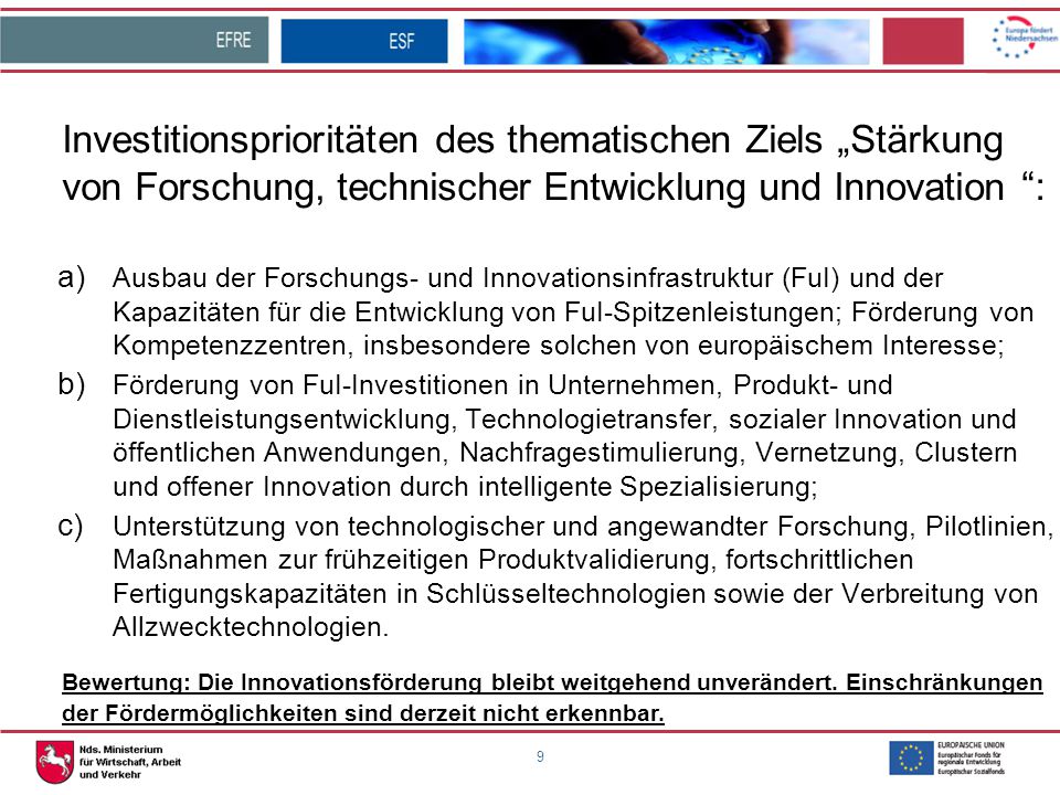 Investitionsprioritäten des thematischen Ziels „Stärkung von Forschung, technischer Entwicklung und Innovation :