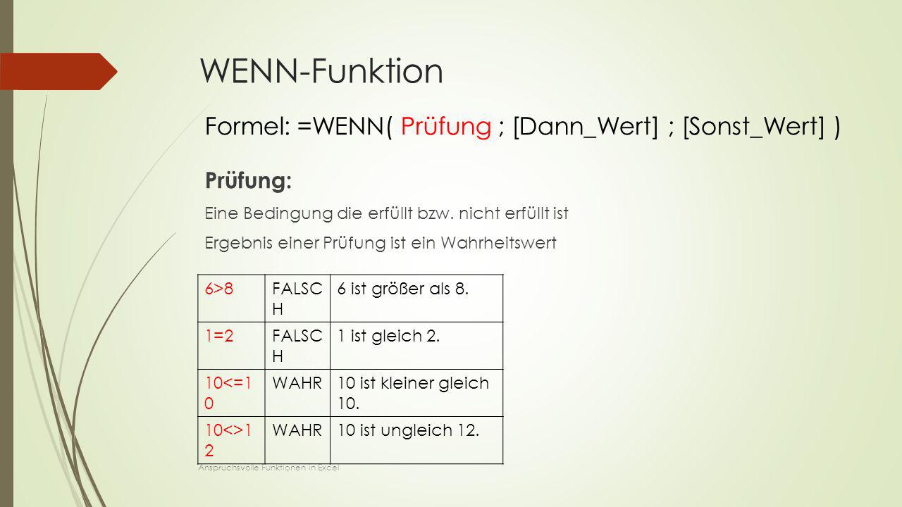 WENN-Funktion Formel: =WENN( Prüfung ; [Dann_Wert] ; [Sonst_Wert] )