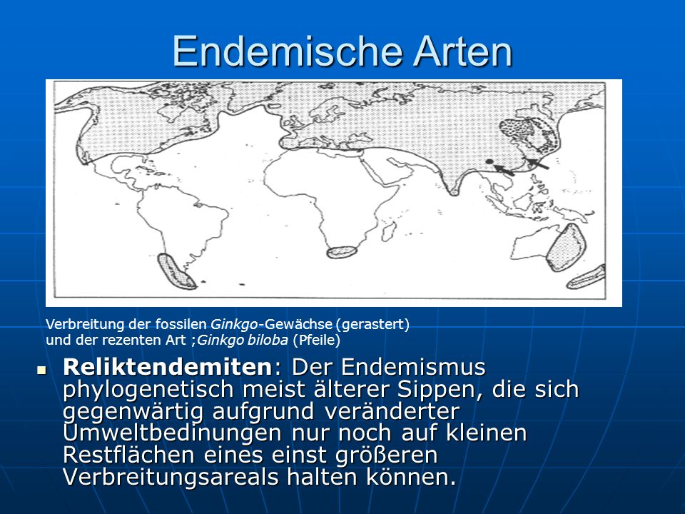 Endemische Arten Verbreitung der fossilen Ginkgo-Gewächse (gerastert) und der rezenten Art ;Ginkgo biloba (Pfeile)