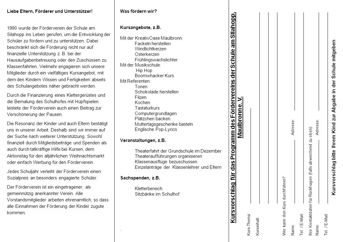 Kursvorschlag bitte Ihrem Kind zur Abgabe in der Schule mitgeben