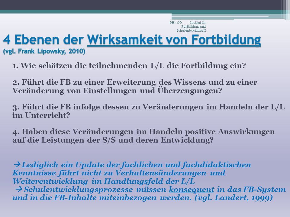 4 Ebenen der Wirksamkeit von Fortbildung (vgl. Frank Lipowsky, 2010)