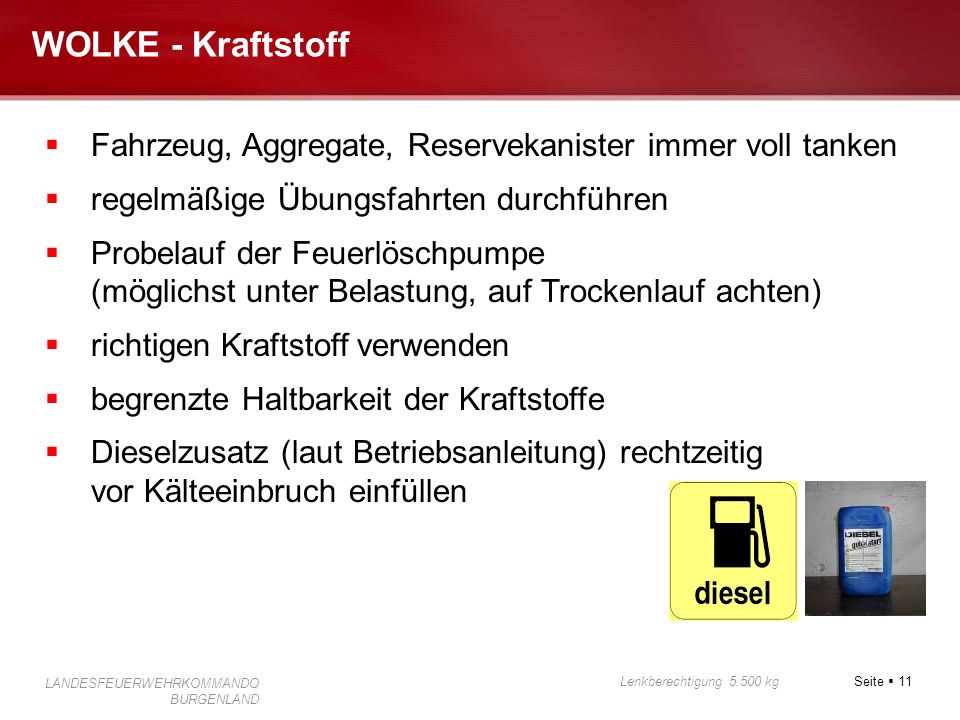 WOLKE - Kraftstoff Fahrzeug, Aggregate, Reservekanister immer voll tanken. regelmäßige Übungsfahrten durchführen.