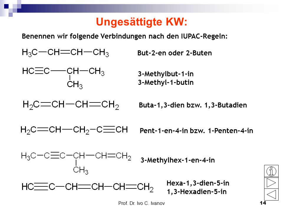 Ungesättigte KW: Benennen wir folgende Verbindungen nach den IUPAC-Regeln: But-2-en oder 2-Buten. 3-Methylbut-1-in.