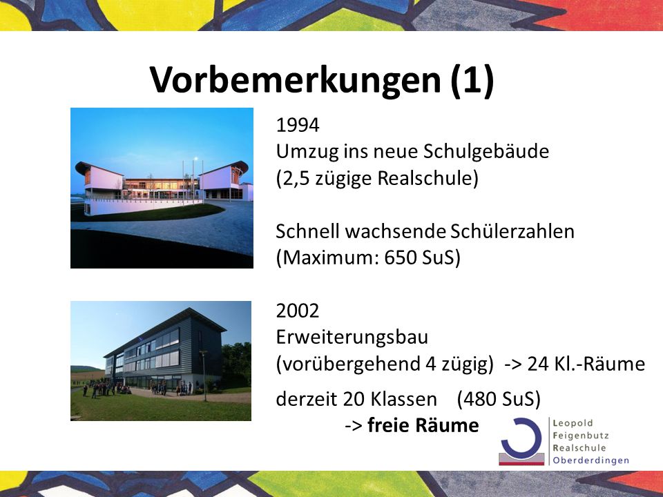 Vorbemerkungen (1) 1994 Umzug ins neue Schulgebäude (2,5 zügige Realschule) Schnell wachsende Schülerzahlen.